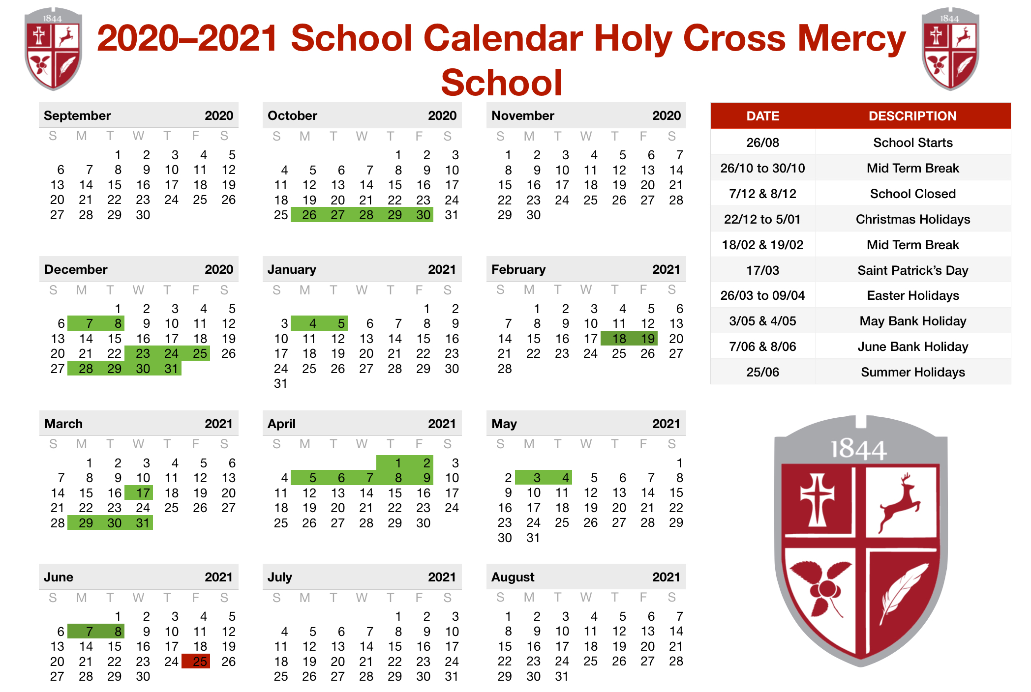 School Calendar 2020 to 2021 Holy Cross Mercy School