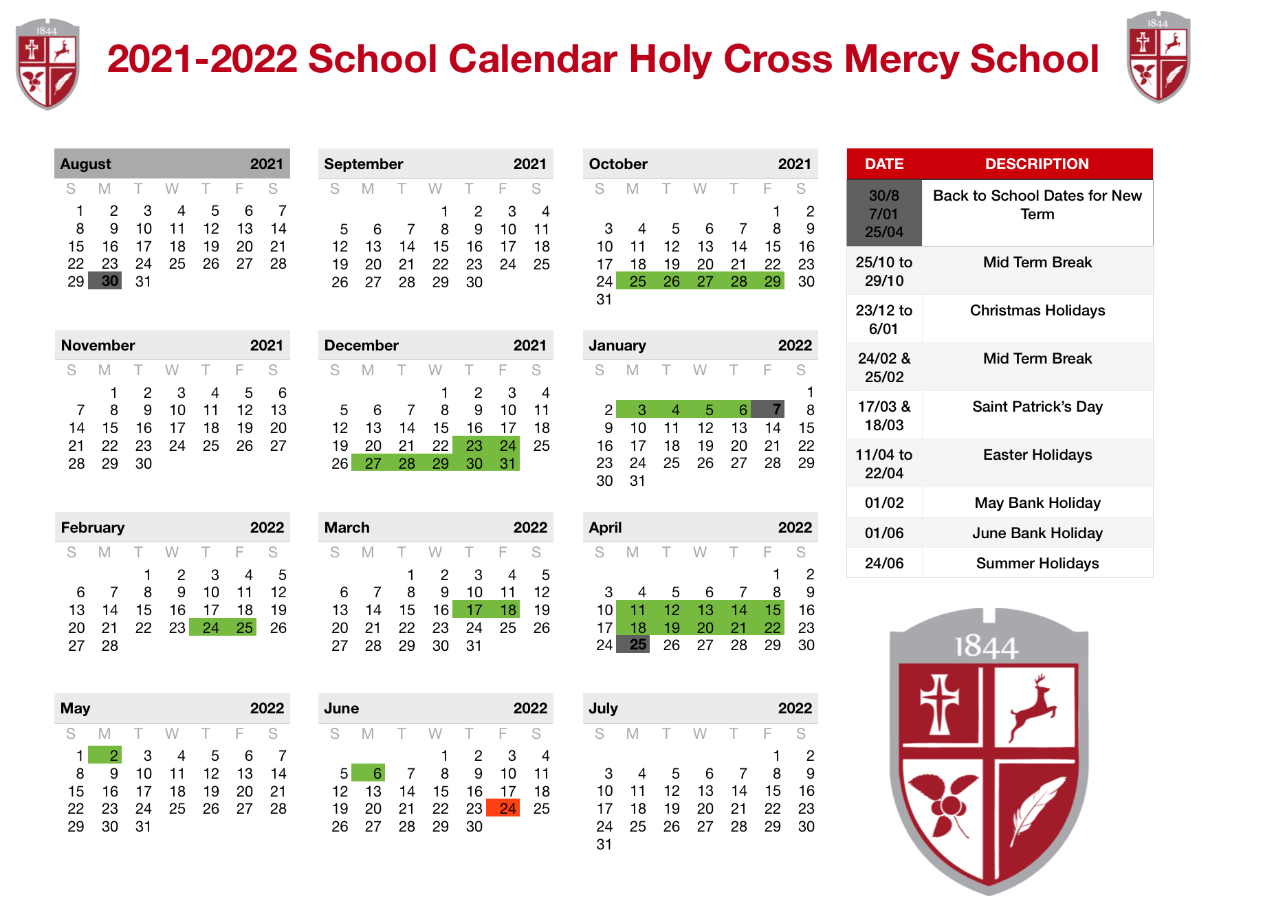 School Calendar Holy Cross Mercy School